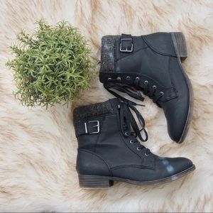 Rampage Black Combat Boots - Buckle + Sweater Trim